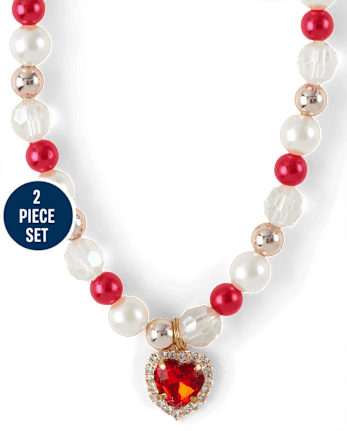 Girls Heart Beaded Necklace And Bracelet 2-Piece