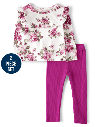 Toddler Girls Long Sleeve Floral Ruffle Top And Rib Knit Leggings