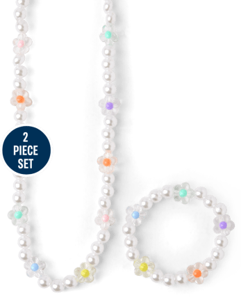 Girls Flower Pearl Beaded Necklace And Bracelet 2-Piece Set