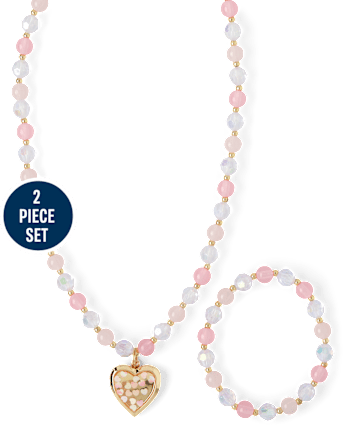 Girls Heart Locket Beaded Necklace And Bracelet 2-Piece Set
