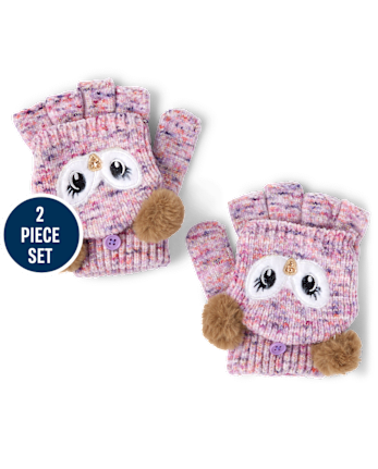 Ensemble 2 pièces bonnet et mitaines hibou pour fille
