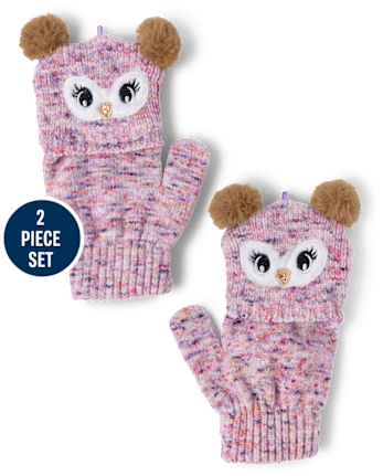 Ensemble 2 pièces bonnet et mitaines hibou pour fille