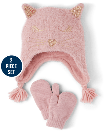 Baby And Toddler Girls Cat Hat And Mittens 2-Piece Set
