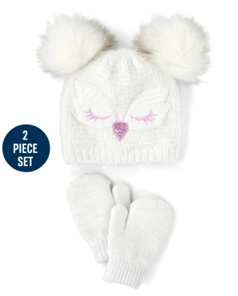 Baby And Toddler Girls Owl Hat And Mittens 2-Piece Set