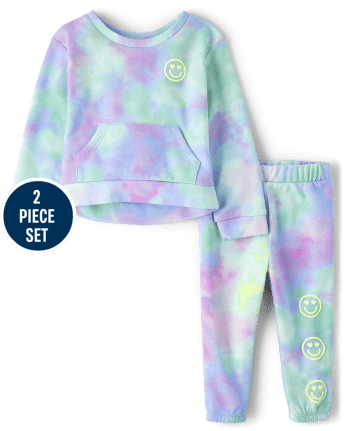 Toddler Girls Rainbow Tie Dye Fleece 2-Piece Outfit Set