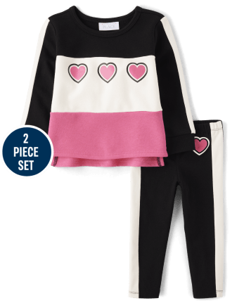 Toddler Girls Active Long Sleeve Colorblock Heart Hoodie And Knit Leggings 2 -Piece Outfit Set