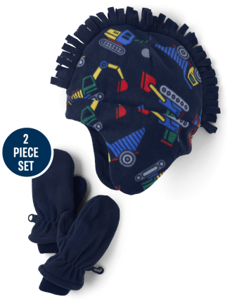Conjunto de 2 piezas de gorro y manoplas de tejido polar para construcción para niños pequeños