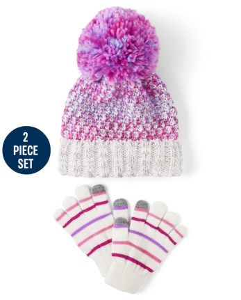 Conjunto de 2 piezas de gorro y guantes para enviar mensajes de texto con pompones y pompones de niña Space Dye