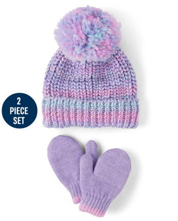 Toddler Girls Space Dye Pom Pom Beanie And Mittens 2-Piece Set