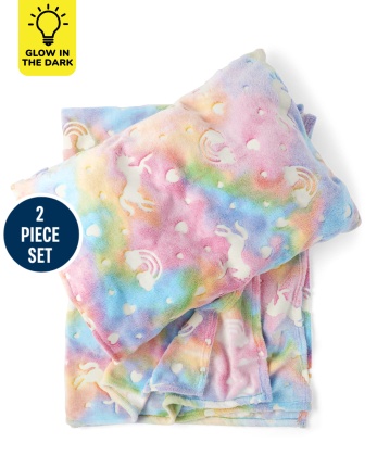 Girls Glow Rainbow Unicorn Blanket And Pillowcase 2-Piece Set