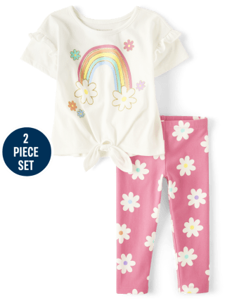 Toddler Girls Rainbow Tie-Front Top And Daisy Print Knit Leggings 2-Piece  Outfit Set