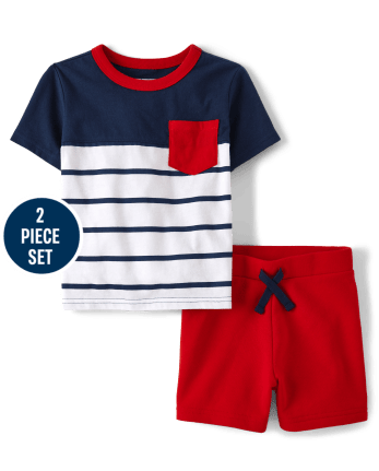 2pcs Toddler Boy Casual Colorblock Waffle Polo Shirt and Shorts Set