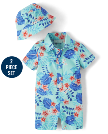 Baby Boys Matching Family Tropical Print Poplin Woven Romper 2 Piece Outfit Set MELLOW AQUA The Children s Place