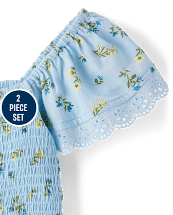 Conjunto de traje de 2 piezas con fruncido floral para niñas