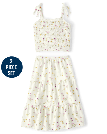 Girls Floral Midi Skirt 2-Piece Outfit Set