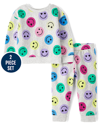 Toddler Girls Rainbow Happy Face Fleece 2-Piece Outfit Set