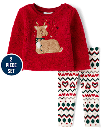 Toddler Girls Active Christmas Long Sleeve Reindeer Sherpa Sweatshirt And Heart Fairisle Leggings 2 Piece Outfit Set RED The Children s Place