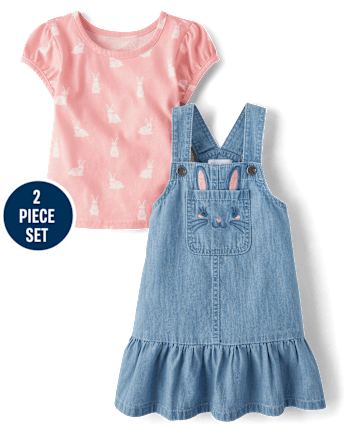 thumbnail image 2 of Girls 2-Piece Outfit Set - 100% Cotton Short Sleeve T-Shirt & Overall Skirt, Casual Play Clothes 2 of 11