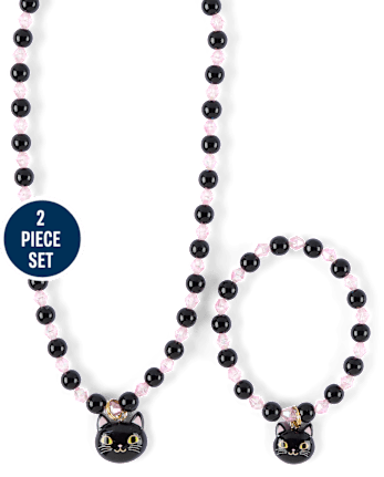Girls Cat Beaded 2-Piece Jewelry Set
