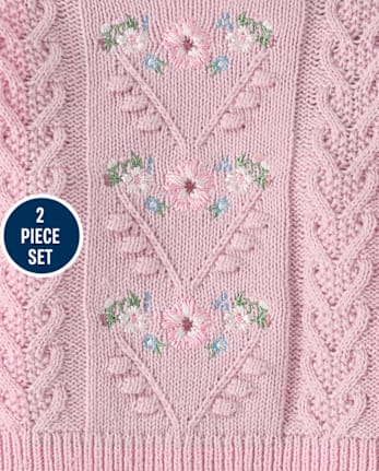 Baby Girls Embroidered Floral Cable Knit Sweater 2-Piece Playwear Ser