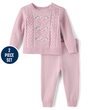 Baby Girls Embroidered Floral Cable Knit Sweater 2-Piece Playwear Ser