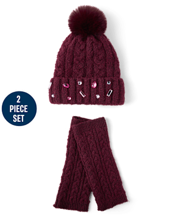 Girls Jeweled Cable Knit 2-Piece Cold Weather Set