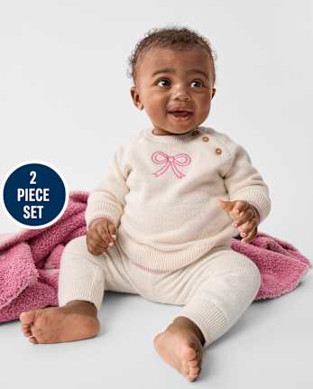 Baby Girls Embroidered Bow 2-Piece Outfit Set - FAIR IVORY