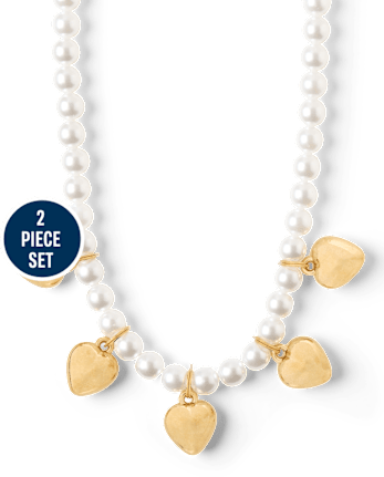 Girls Faux Pearl Beaded Heart 2-Piece Jewelry Set