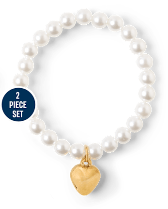 Girls Faux Pearl Beaded Heart 2-Piece Jewelry Set