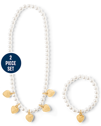 Girls Faux Pearl Beaded Heart 2-Piece Jewelry Set