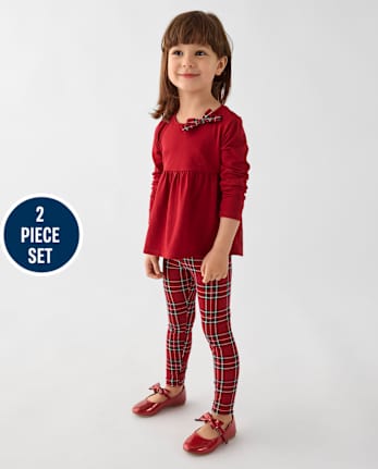 Toddler Girls Plaid Bow 2-Piece Outfit Set - RED OCHRE