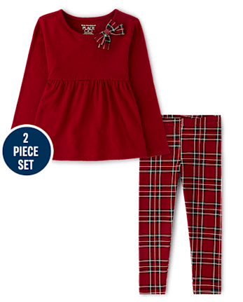 Toddler Girls Plaid Bow 2-Piece Outfit Set - RED OCHRE