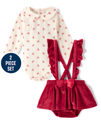 Baby Girls Bow Bubble Skirt 2-Piece Playwear Set - RED OCHRE