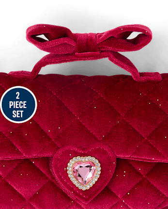 Girls Glitter Velvet Bow 2-Piece Accessory Set - GALA RED CL
