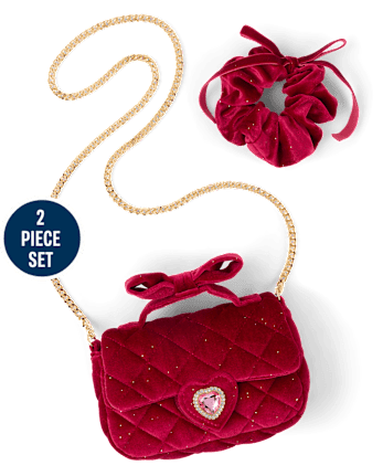 Girls Glitter Velvet Bow 2-Piece Accessory Set - GALA RED CL
