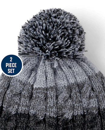 Toddler Boy Striped Cable Knit 2-Piece Cold Weather Set - GREY