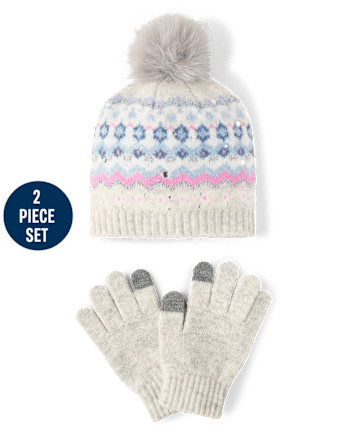 Girls Rhinestone Fairisle 2-Piece Cold Weather Set - MULTI CLR