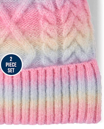 Girls Rainbow Cable Knit 2-Piece Cold Weather Set - MULTI CLR