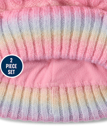 Girls Rainbow Cable Knit 2-Piece Cold Weather Set - MULTI CLR