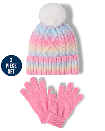 Girls Rainbow Cable Knit 2-Piece Cold Weather Set - MULTI CLR