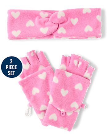 Girls Heart Microfleece 2-Piece Cold Weather Set - PERFECTLY PINK
