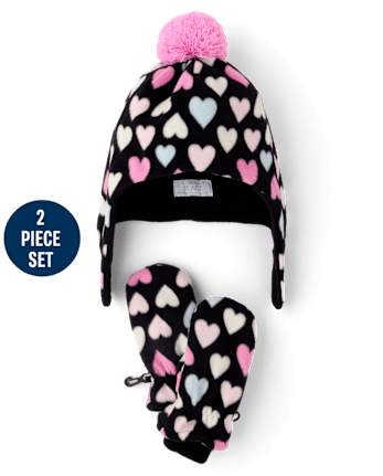 Toddler Girls Heart Microfleece 2-Piece Cold Weather Set - BLACK