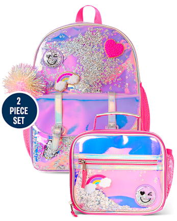 Girls Holographic Shakey Happy Face Backpack 2-Piece Set