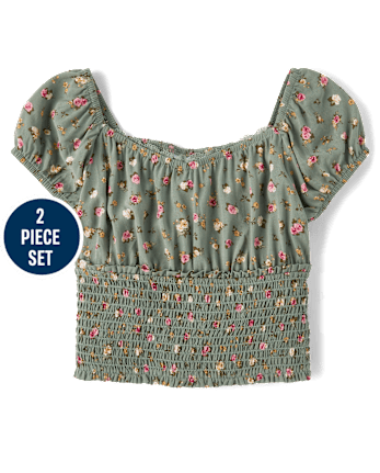 Girls Floral Smocked 2-Piece Outfit Set