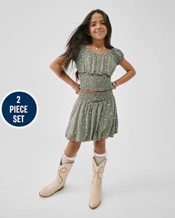 Girls Floral Smocked 2-Piece Outfit Set