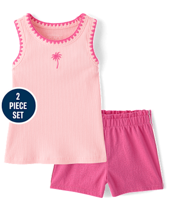 Baby And Toddler Girls Embroidered Palm Tree 2-Piece Outfit Set