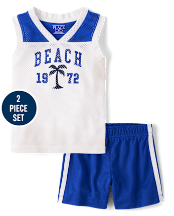 Baby And Toddler Boys Quick Dry Beach Varsity Mesh 2-Piece Outfit Set