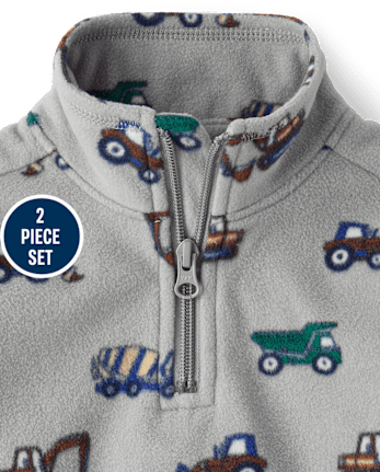 Toddler Boys Construction Vehicle Microfleece 2-Piece Outfit Set - WEATHERED STEEL