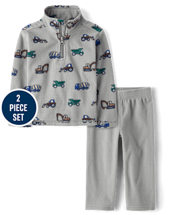 Toddler Boys Construction Vehicle Microfleece 2-Piece Outfit Set - WEATHERED STEEL