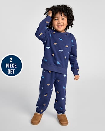 Baby And Toddler Boys Dino Premium Fleece 2-Piece Outfit Set - THUNDER BLUE